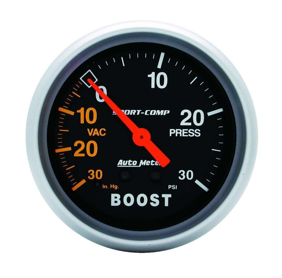 Auto Meter Boost/Vacuum Gauge, Sport-Comp, 30" HG-30 psi, Mechanical, Analog, 2-5/8" Diameter, Black Face, Each