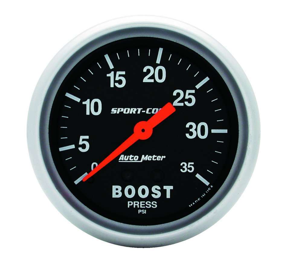 Auto Meter Boost Gauge, Sport Comp, 0-35 psi, Mechanical, Analog, 2-5/8" Diameter, Black Face, Each