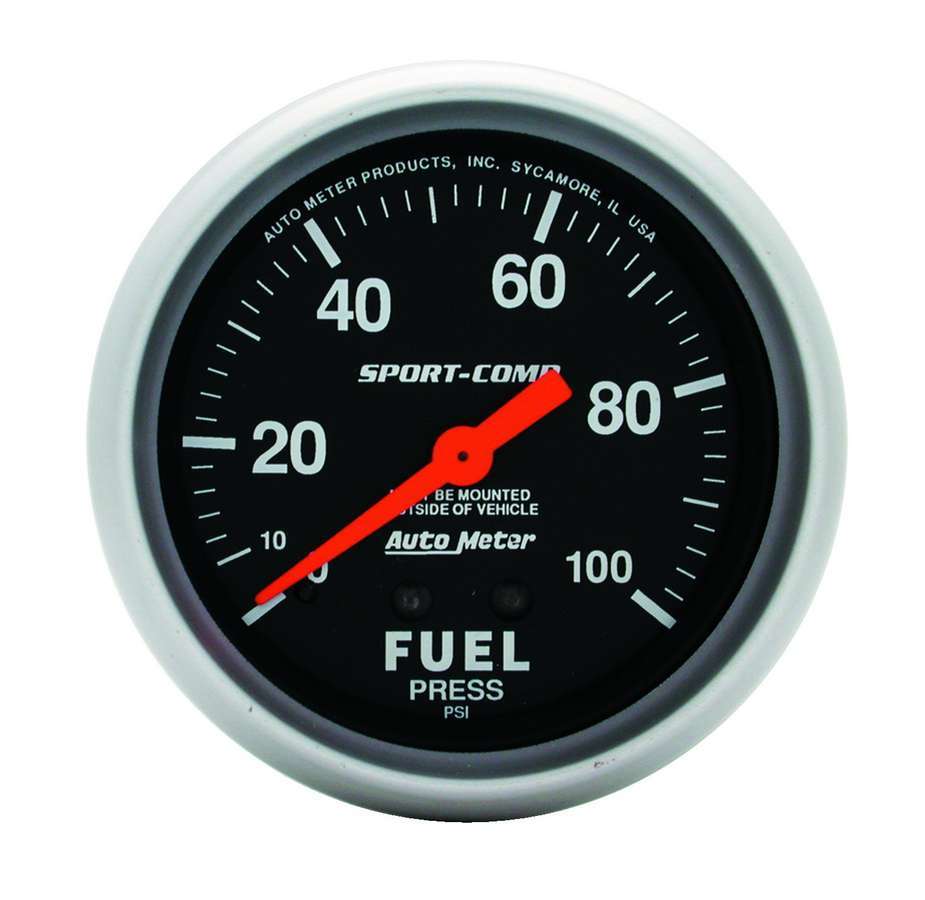 Auto Meter Fuel Pressure Gauge, Sport-Comp, 0-100 psi, Mechanical, Analog, 2-5/8" Diameter, Black Face, Each