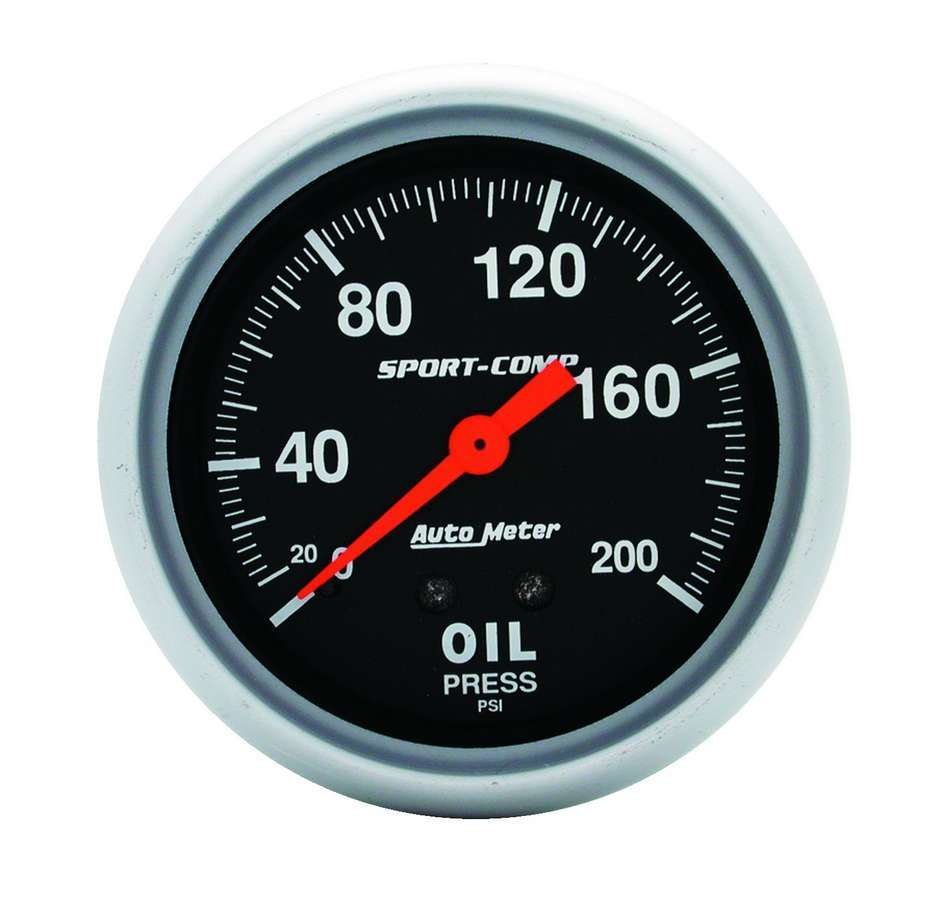 Auto Meter Oil Pressure Gauge, Sport-Comp, 0-200 psi, Mechanical, Analog, 2-5/8" Diameter, Black Face, Each