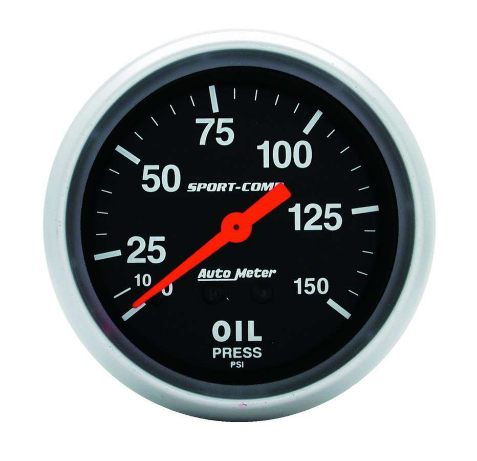 Auto Meter Oil Pressure Gauge, Sport-Comp, 0-150 psi, Mechanical, Analog, 2-5/8" Diameter, Black Face, Each