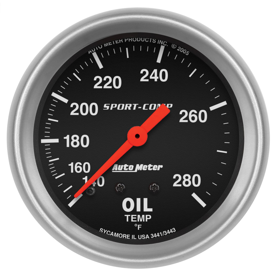Auto Meter Oil Temperature Gauge, Sport-Comp, 140-280 Degree F, Mechanical, Analog, 2-5/8" Diameter, Black Face, Each