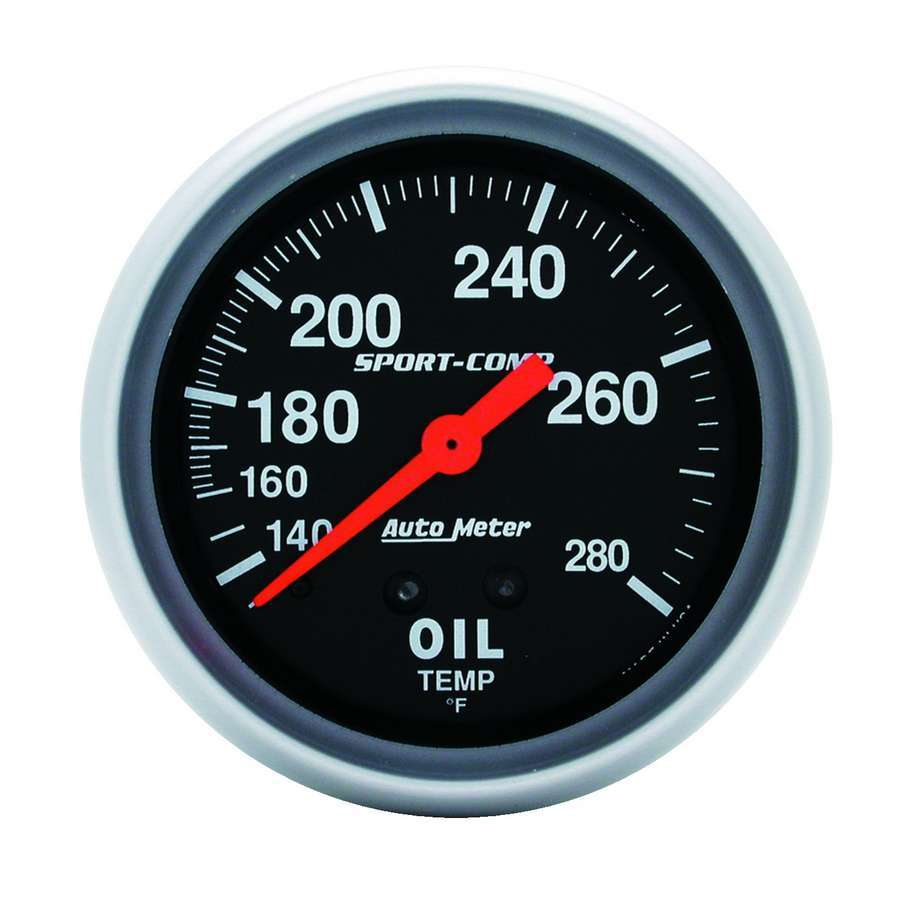 Auto Meter Oil Temperature Gauge, Sport-Comp, 140-280 Degree F, Mechanical, Analog, 2-5/8" Diameter, Black Face, Each