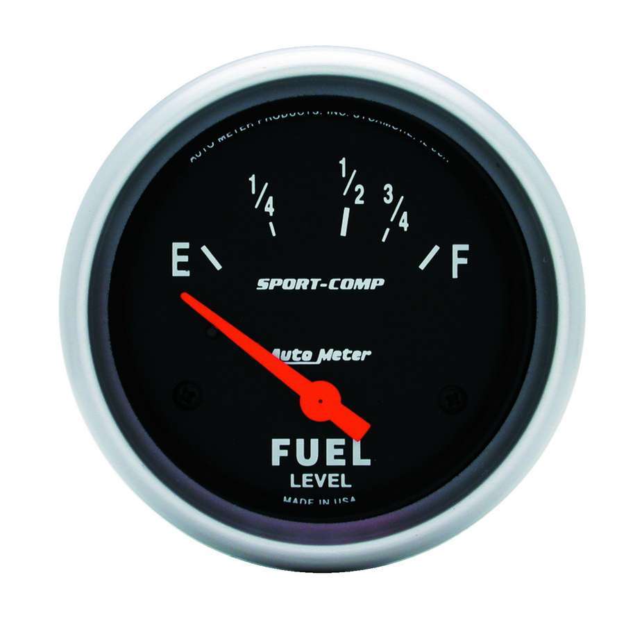 Auto Meter Fuel Level Gauge, Sport-Comp, 16-158 ohm, Electric, Analog, Short Sweep, 2-5/8" Diameter, Black Face, Each
