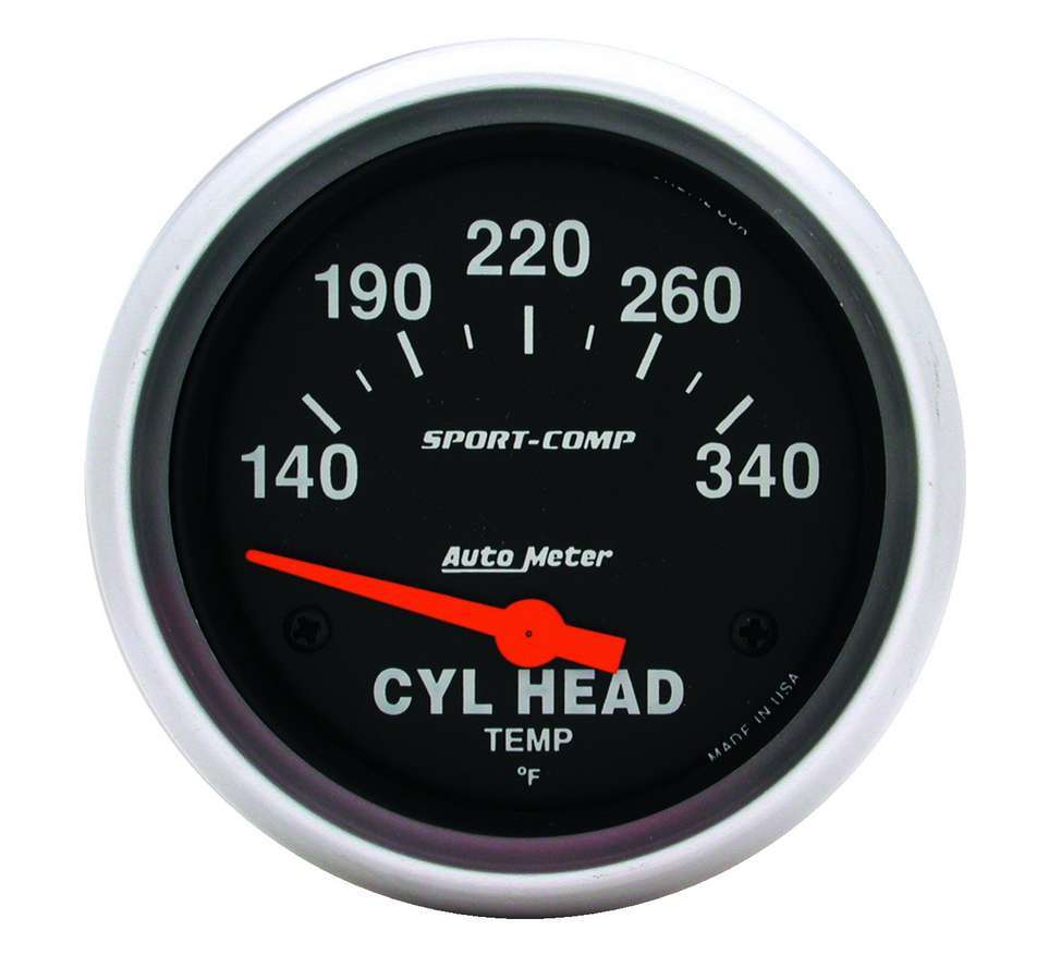 Auto Meter Cylinder Head Temperature Gauge, Sport-Comp, 140-340 Degree F, Electric, Analog, Short Sweep, 2-5/8" Diameter, Black