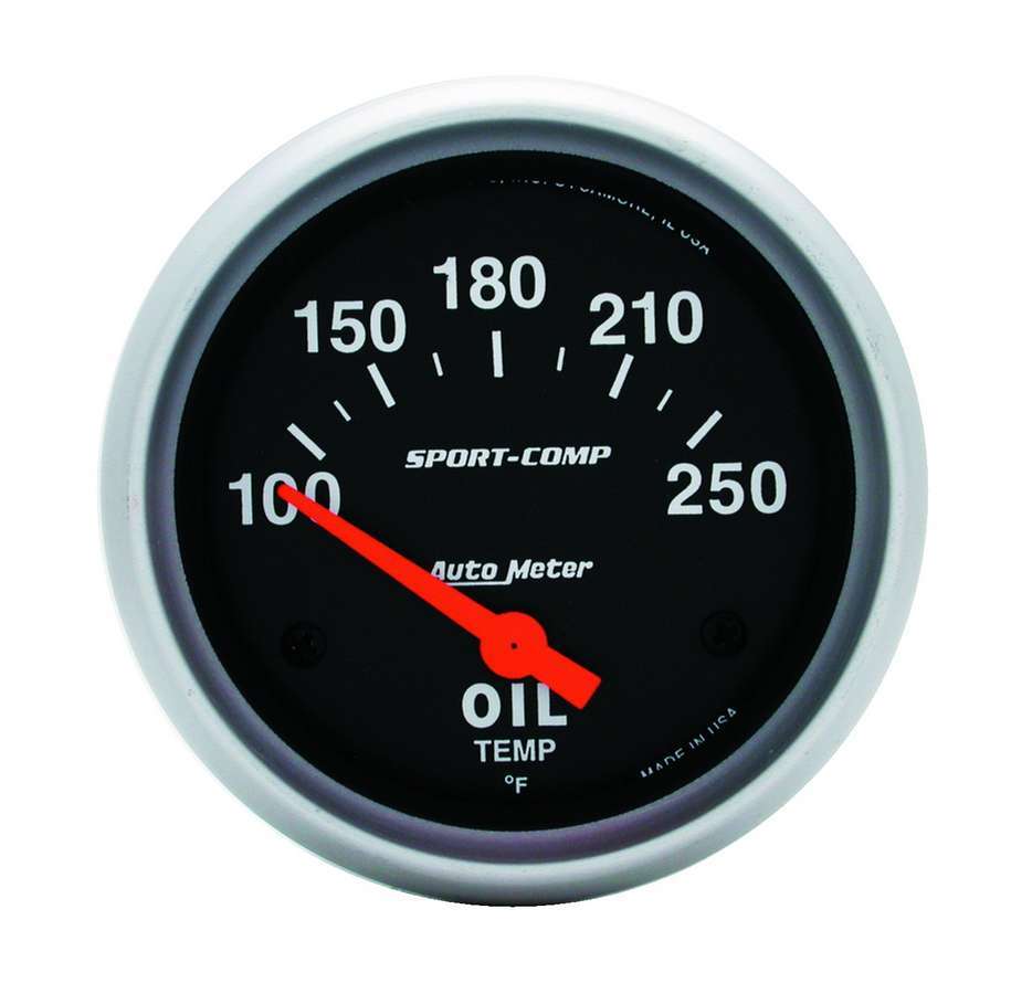 Auto Meter Oil Temperature Gauge, Sport Comp, 100-250 Degree F, Electric, Analog, Short Sweep, 2-5/8" Diameter, Black Face, Each