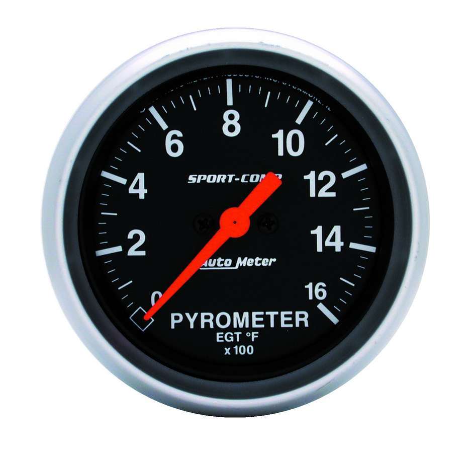 Auto Meter EGT Gauge, Sport-Comp, 0-1600 Degree F, Electric, Analog, Full Sweep, 2-5/8" Diameter, Black Face, Each