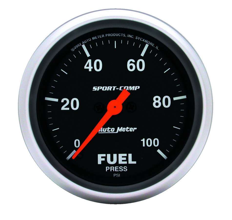 Auto Meter Fuel Pressure Gauge, Sport-Comp, 0-100 psi, Electric, Analog, Full Sweep, 2-5/8" Diameter, Black Face, Each