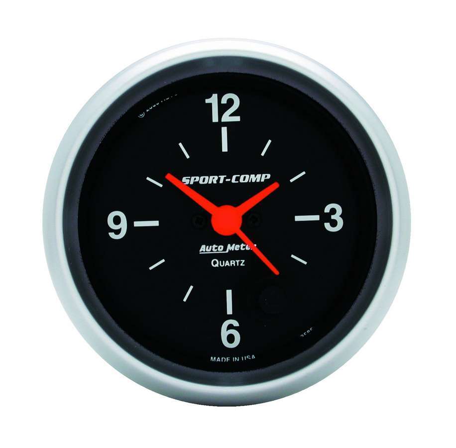 Auto Meter Clock Gauge, Sport-Comp, Electric, Analog, 2-5/8" Diameter, Black Face, Each