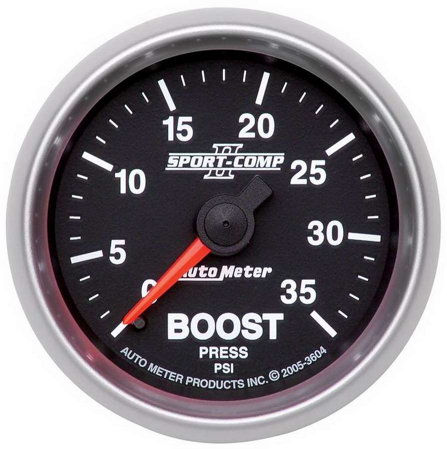 Auto Meter Boost Gauge, Sport-Comp II, 0-35 psi, Mechanical, Analog, 2-1/16" Diameter, Black Face, Each
