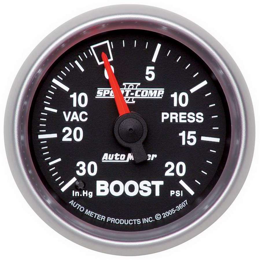 Auto Meter Boost/Vacuum Gauge, Sport-Comp II, 30" HG-20 psi, Mechanical, Analog, 2-1/16" Diameter, Black Face, Each