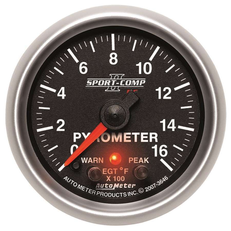 Auto Meter EGT Gauge, Sport-Comp II, 0-1600 Degree F, Electric, Analog, Full Sweep, 2-1/16" Diameter, Peak and Warn, Black Face,