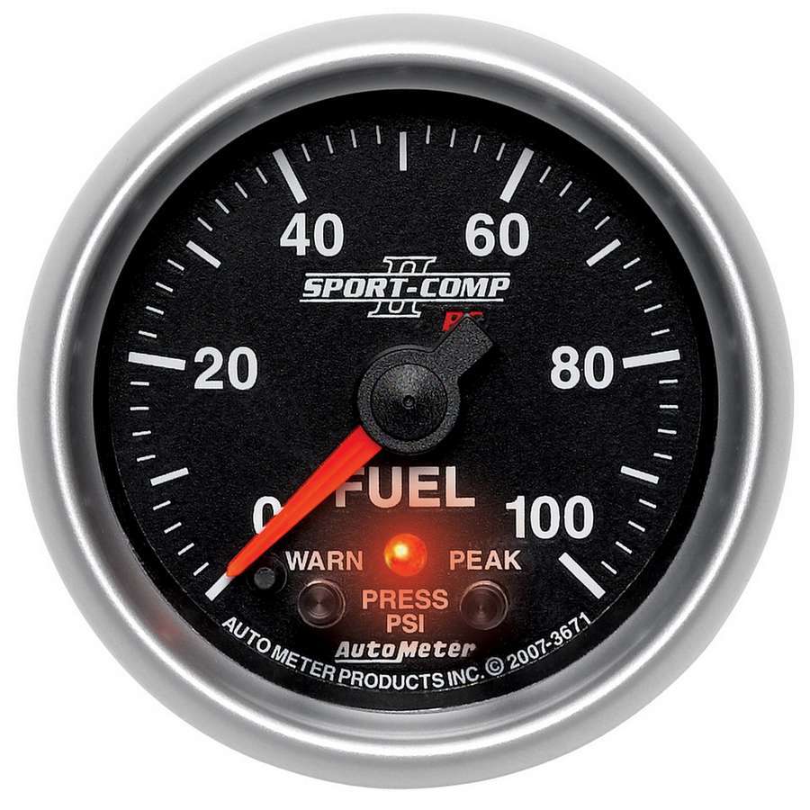 Auto Meter Fuel Pressure Gauge, Sport-Comp II, 0-100 psi, Electric, Analog, Full Sweep, 2-1/16" Diameter, Peak and Warn, Black F