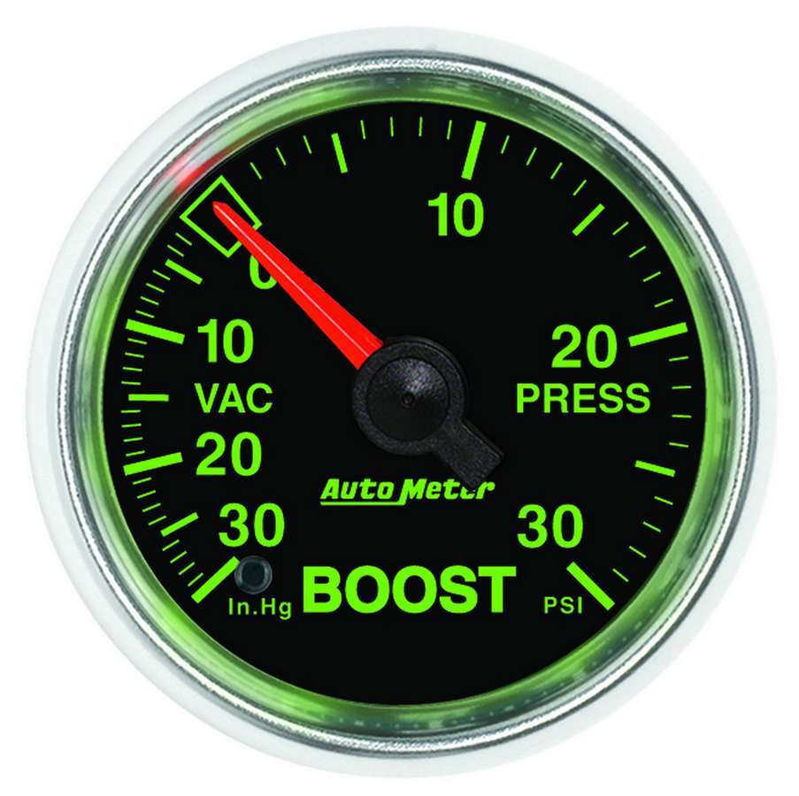 Auto Meter Boost/Vacuum Gauge, GS, 30" HG-30 psi, Mechanical, Analog, 2-1/16" Diameter, Black Face, Each