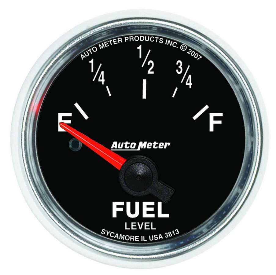 Auto Meter Fuel Level Gauge, GS, 0-90 ohm, Electric, Analog, Short Sweep, 2-1/16" Diameter, Black Face, Each
