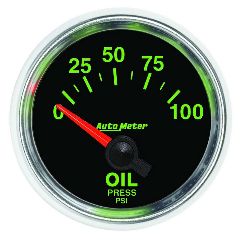 Auto Meter Oil Pressure Gauge, GS, 0-100 psi, Electric, Analog, Short Sweep, 2-1/16" Diameter, Black Face, Each