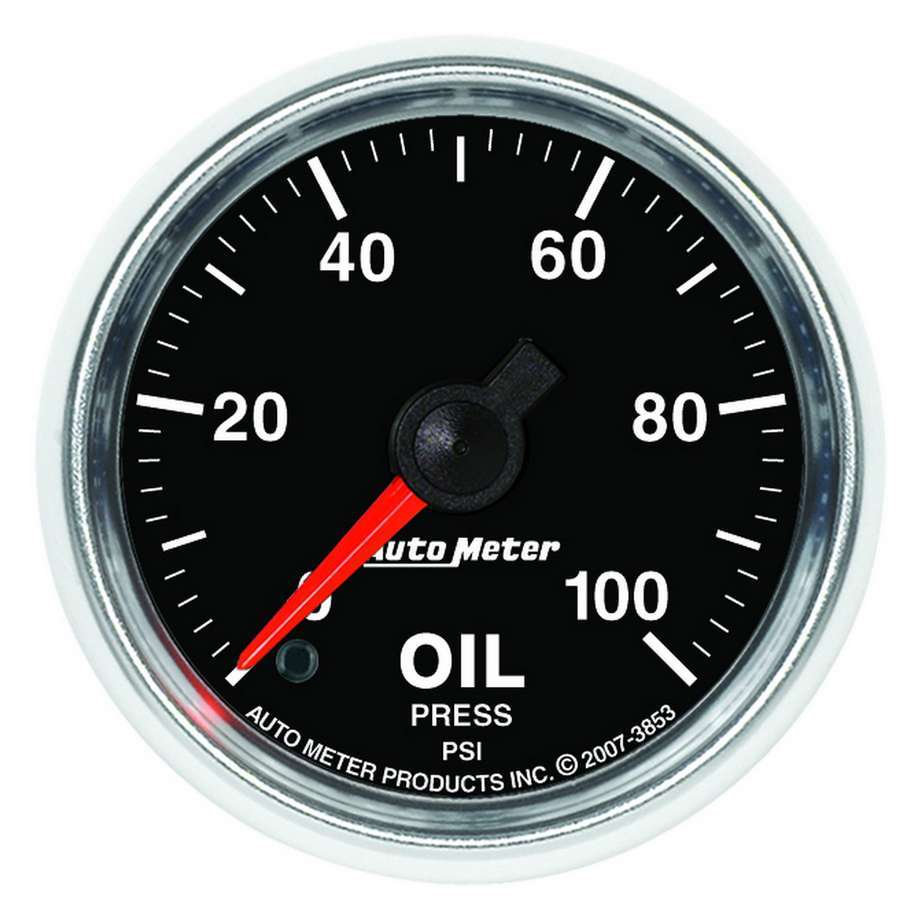 Auto Meter Oil Pressure Gauge, GS, 0-100 psi, Electric, Analog, Full Sweep, 2-1/16" Diameter, Black Face, Each