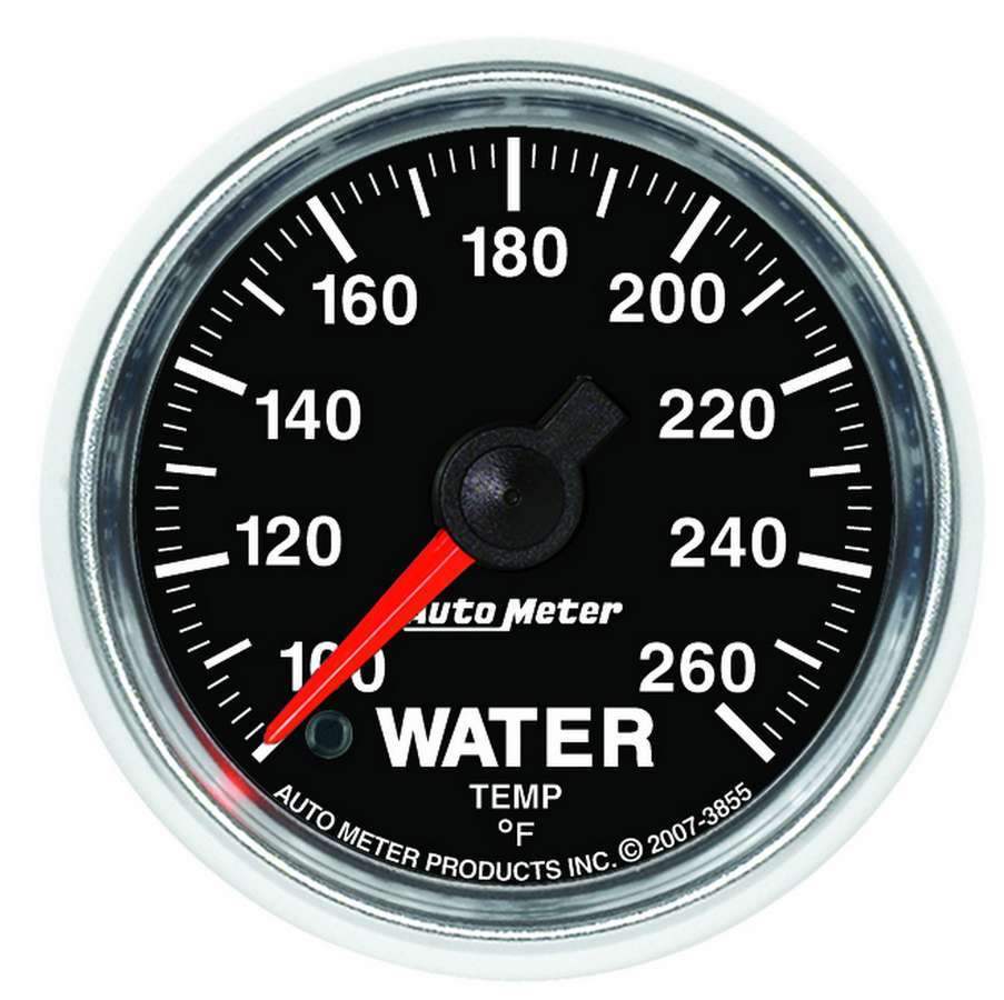 Auto Meter Water Temperature Gauge, GS, 100-260 Degree F, Electric, Analog, Full Sweep, 2-1/16" Diameter, Black Face, Each