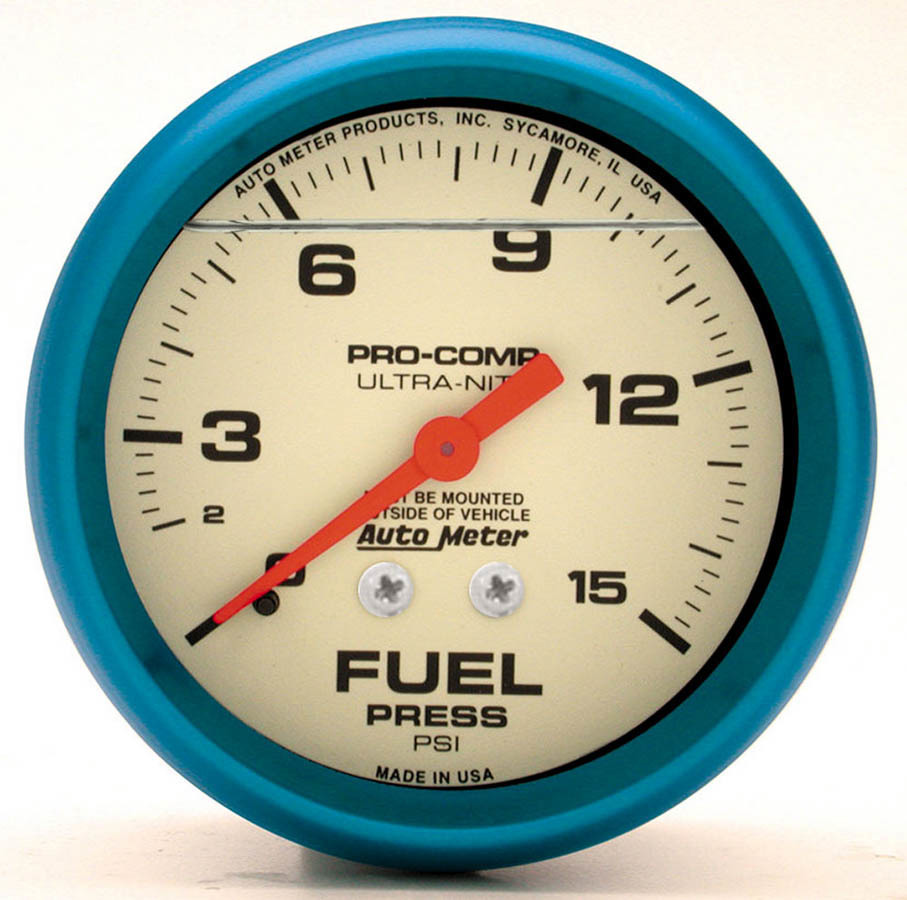 Auto Meter Fuel Pressure Gauge, Ultra-Nite, 0-15 psi, Mechanical, Analog, 2-5/8" Diameter, Liquid Filled, White Face, Each
