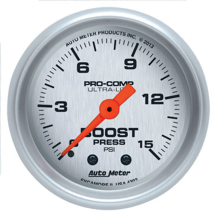 Auto Meter Boost/Vacuum Gauge, Ultra-Lite, 30" HG-15 psi, Mechanical, Analog, 2-1/16" Diameter, Silver Face, Each