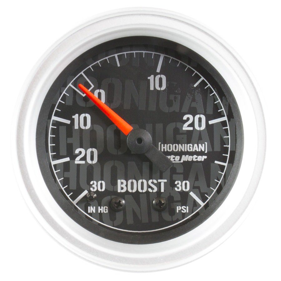 Auto Meter Boost/Vacuum Gauge, Hoonigan Ultra-Lite, 30" HG-30 psi, Mechanical, Analog, 2-1/16" Diameter, Black Face, Each