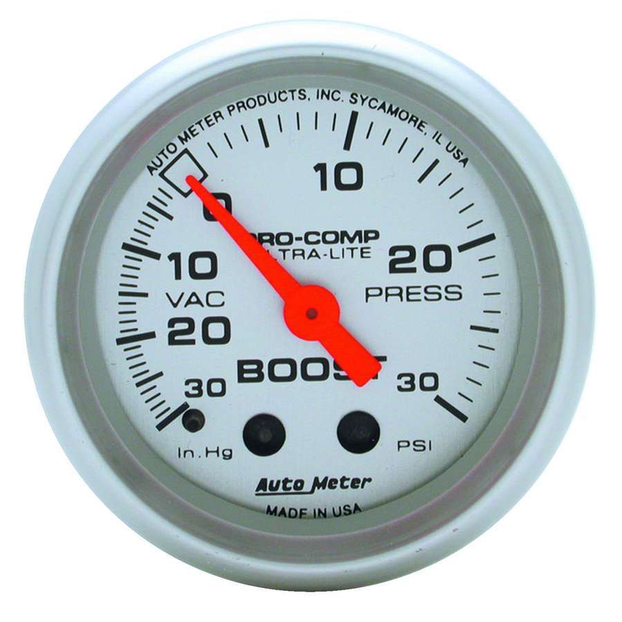 Auto Meter Boost/Vacuum Gauge, Ultra-Lite, 30" HG-30 psi, Mechanical, Analog, 2-1/16" Diameter, Silver Face, Each