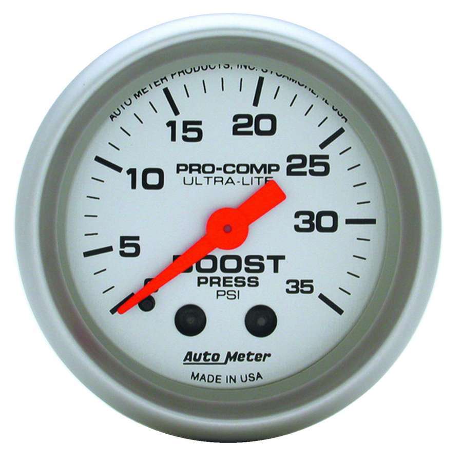 Auto Meter Boost Gauge, Ultra-Lite, 0-35 psi, Mechanical, Analog, 2-1/16" Diameter, Silver Face, Each