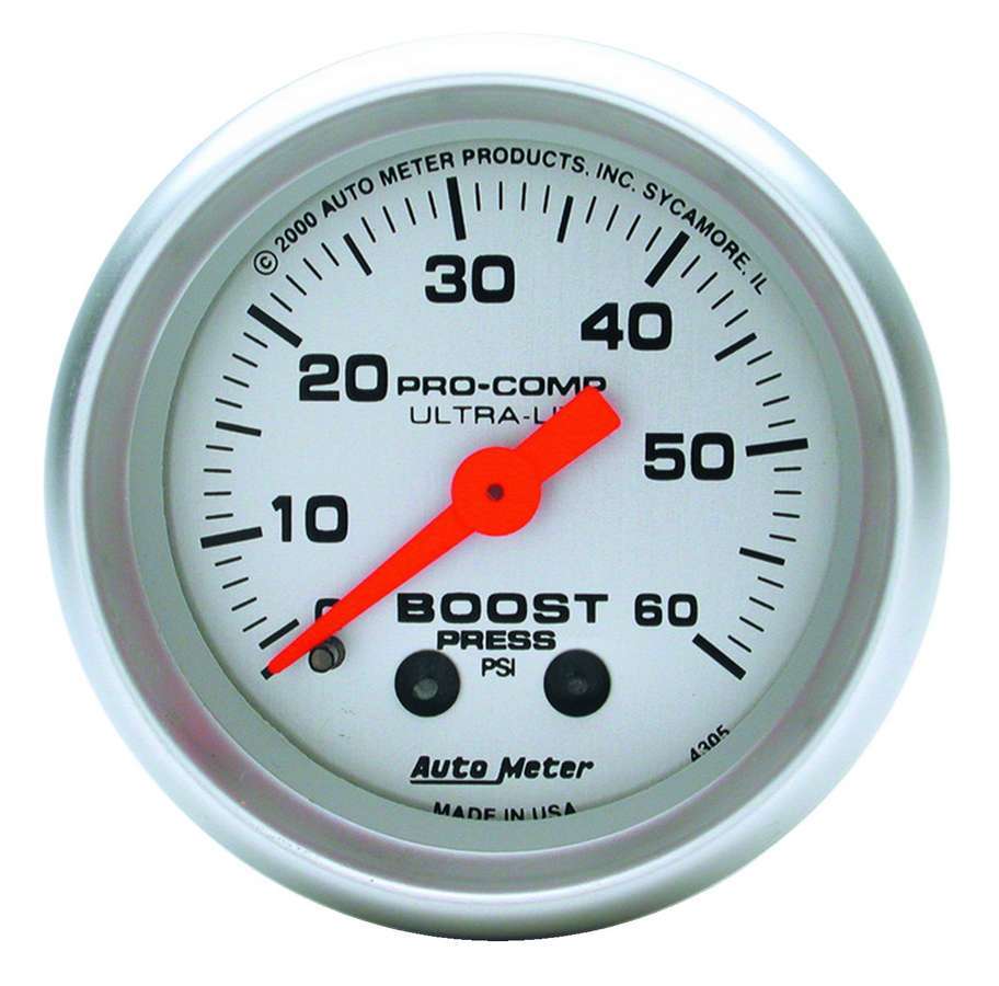 Auto Meter Boost Gauge, Ultra-Lite, 0-60 psi, Mechanical, Analog, 2-1/16" Diameter, Silver Face, Each