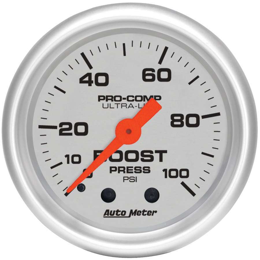 Auto Meter Boost Gauge, Ultra-Lite, 0-100 psi, Mechanical, Analog, 2-1/16" Diameter, Silver Face, Each