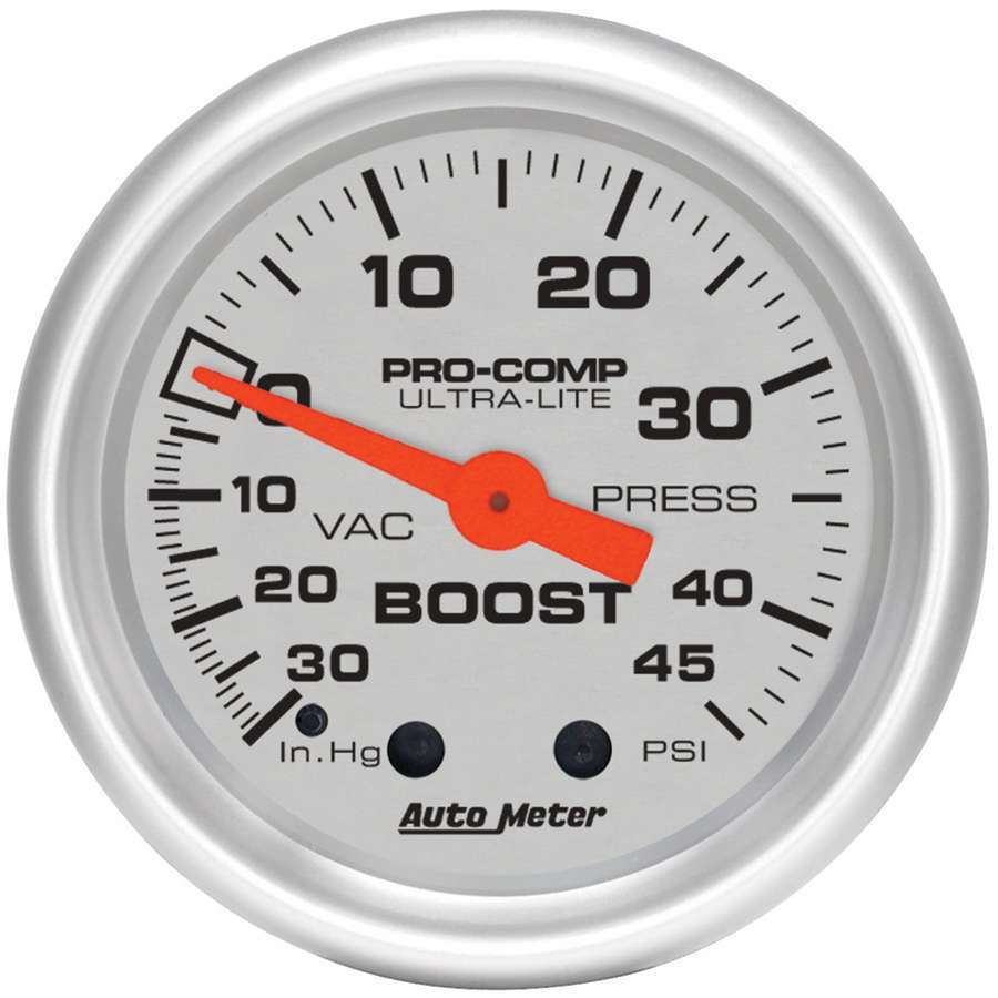 Auto Meter Boost/Vacuum Gauge, Ultra-Lite, 30" HG-45 psi, Mechanical, Analog, 2-1/16" Diameter, Silver Face, Each
