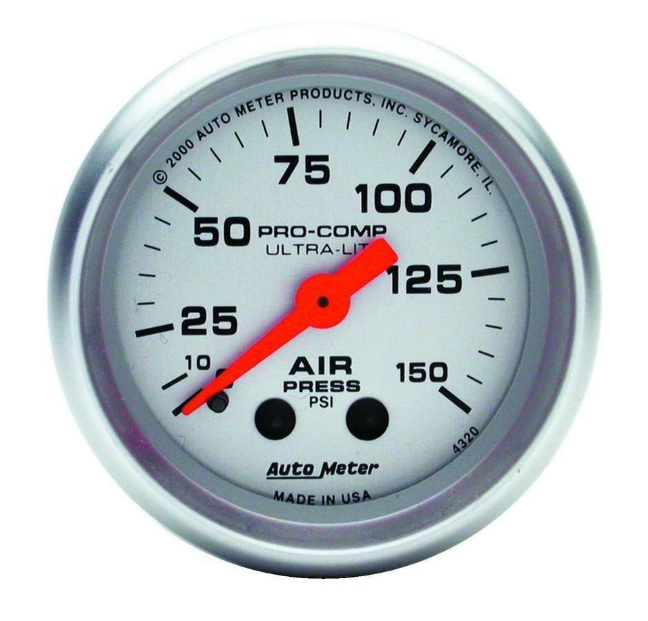 Auto Meter Air Pressure Gauge, Ultra-Lite, 0-150 psi, Mechanical, Analog, 2-1/16" Diameter, Silver Face, Each