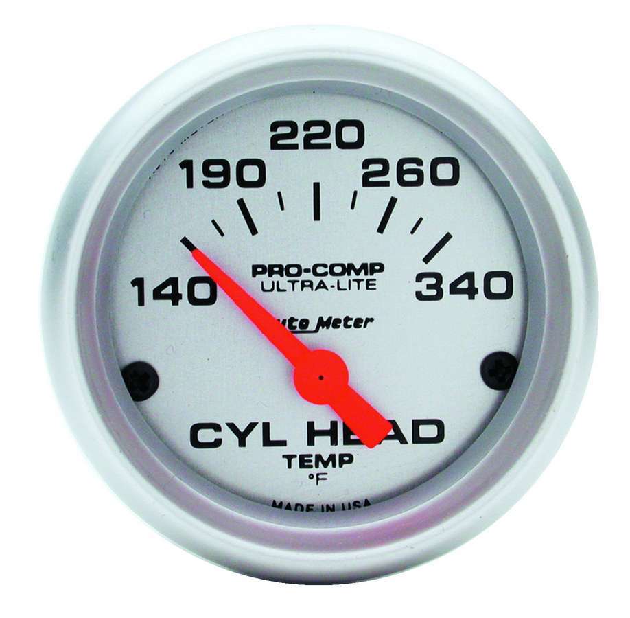 Auto Meter Cylinder Head Temperature Gauge, Ultra-Lite, 140-340 Degree F, Electric, Analog, Short Sweep, 2-1/16" Diameter, Silve