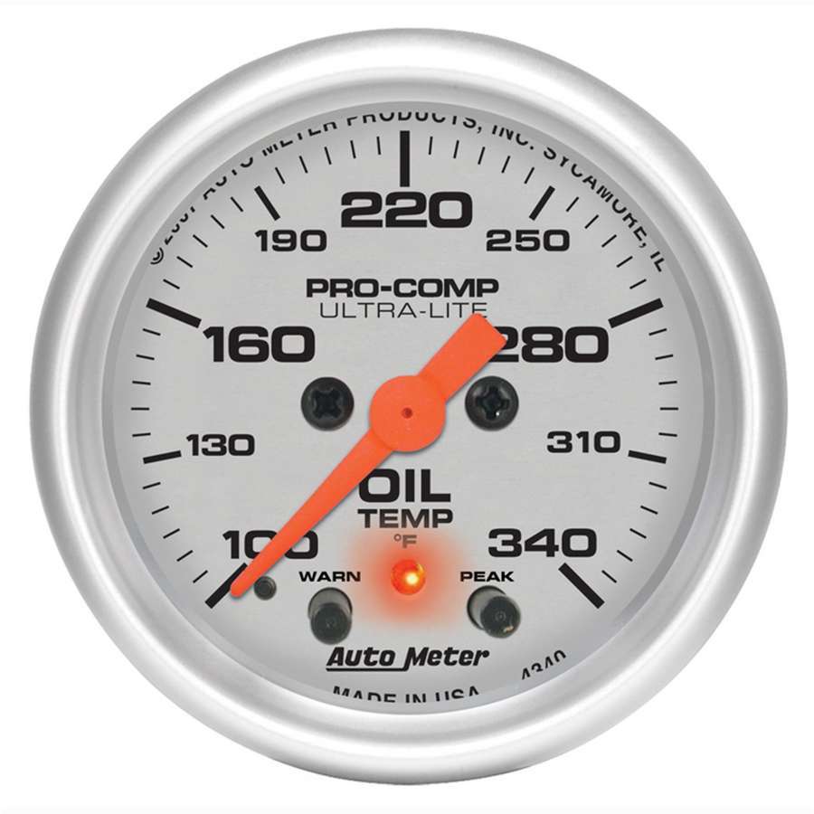 Auto Meter Oil Temperature Gauge, Ultra-Lite, 100-340 Degree F, Electric, Analog, Short Sweep, 2-1/16" Diameter, Silver Face, Ea