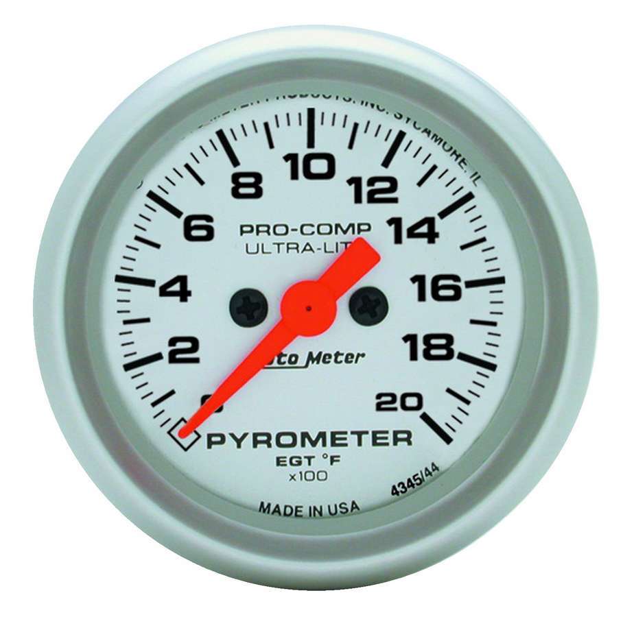 Auto Meter EGT Gauge, Ultra-Lite, 0-2000 Degree F, Electric, Analog, Full Sweep, 2-1/16" Diameter, Silver Face, Each
