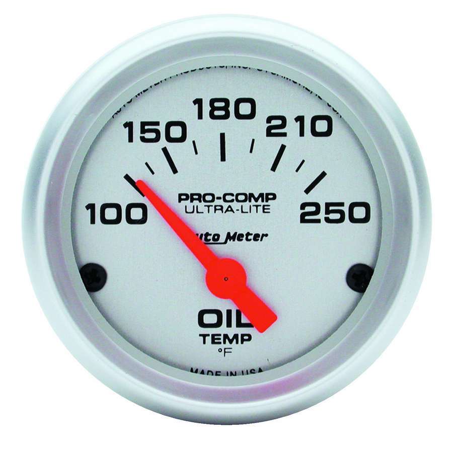 Auto Meter Oil Temperature Gauge, Ultra-Lite, 100-250 Degree F, Electric, Analog, Short Sweep, 2-1/16" Diameter, Silver Face, Ea