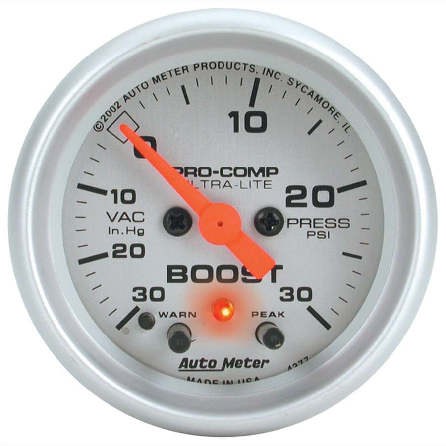 Auto Meter Boost/Vacuum Gauge, Ultra-Lite, 30" HG-30 psi, Electric, Analog, Full Sweep, 2-1/16" Diameter, Peak and Warn, Silver