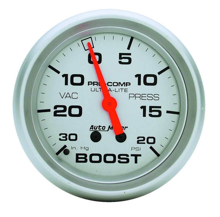 Auto Meter Boost/Vacuum Gauge, Ultra-Lite, 30" HG-20 psi, Mechanical, Analog, 2-5/8" Diameter, Silver Face, Each