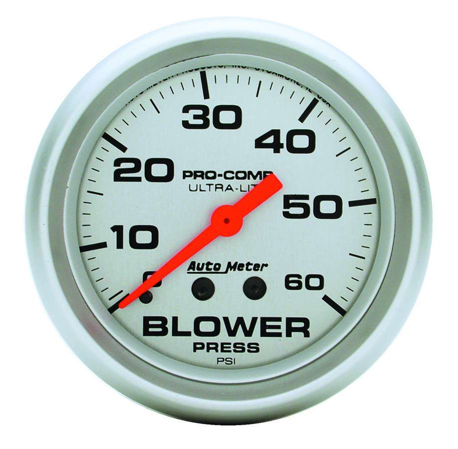 Auto Meter Blower Pressure Gauge, Ultra-Lite, 0-60 psi, Mechanical, Analog, 2-5/8" Diameter, Silver Face, Each