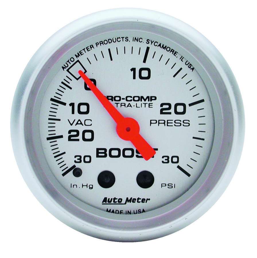 Auto Meter Boost/Vacuum Gauge, Ultra-Lite, 30" HG-30 psi, Mechanical, Analog, 2-5/8" Diameter, Silver Face, Each