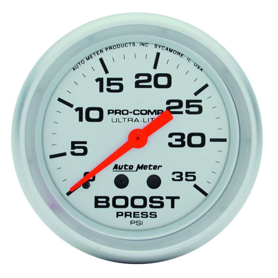 Auto Meter Boost Gauge, Ultra-Lite, 0-35 psi, Mechanical, Analog, 2-5/8" Diameter, Silver Face, Each
