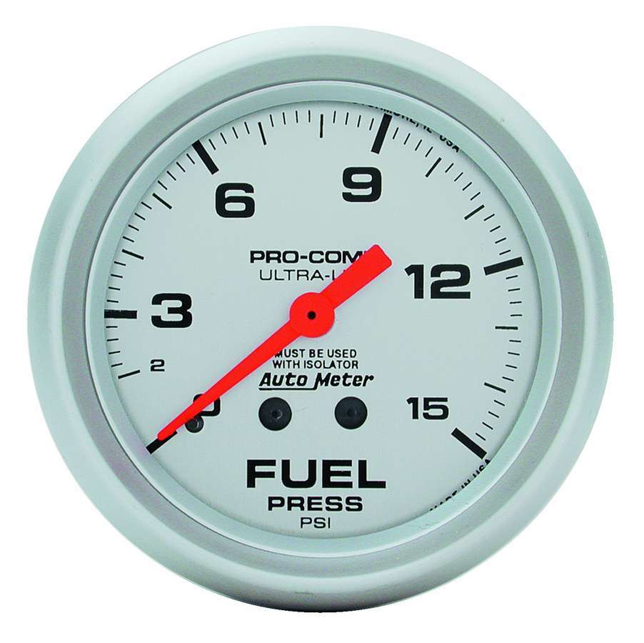 Auto Meter Fuel Pressure Gauge, Ultra-Lite, 0-15 psi, Mechanical, Analog, 2-5/8" Diameter, Silver Face, Each