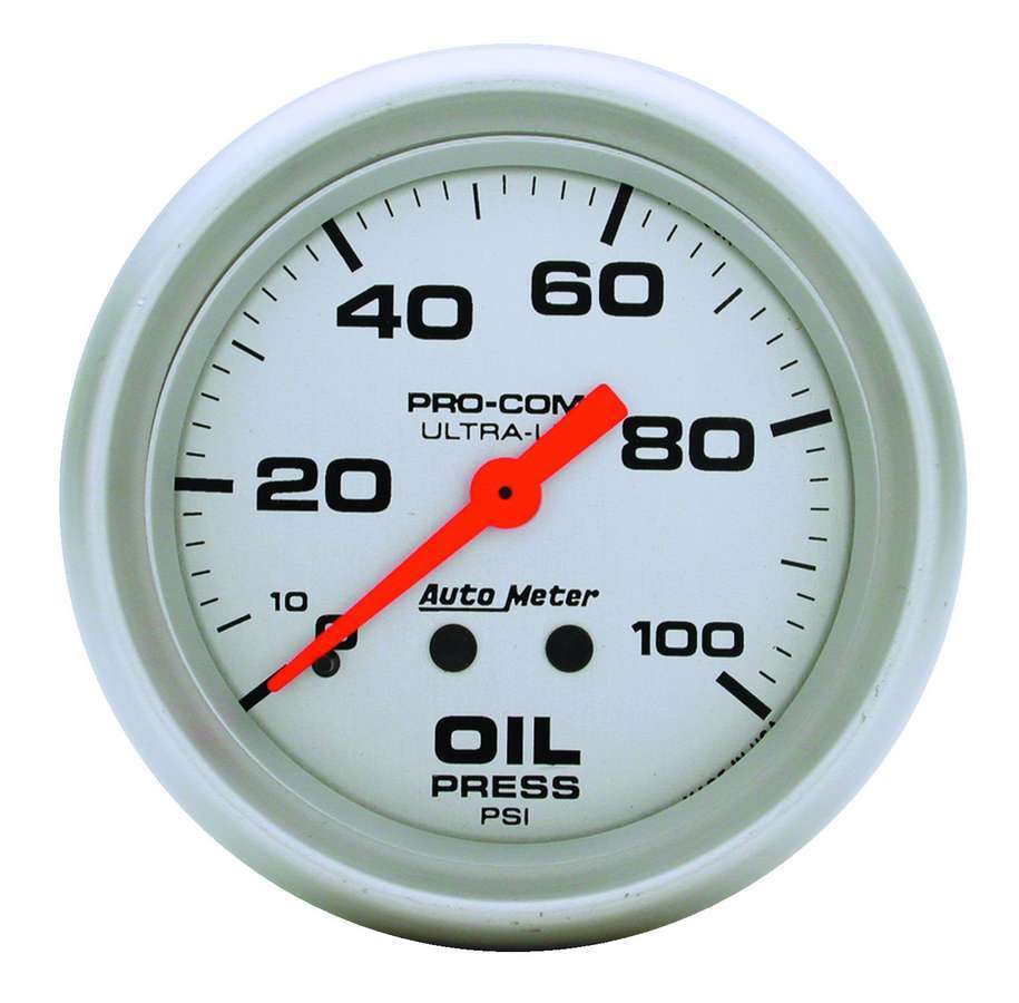 Auto Meter Oil Pressure Gauge, Ultra-Lite, 0-100 psi, Mechanical, Analog, 2-5/8" Diameter, Silver Face, Each