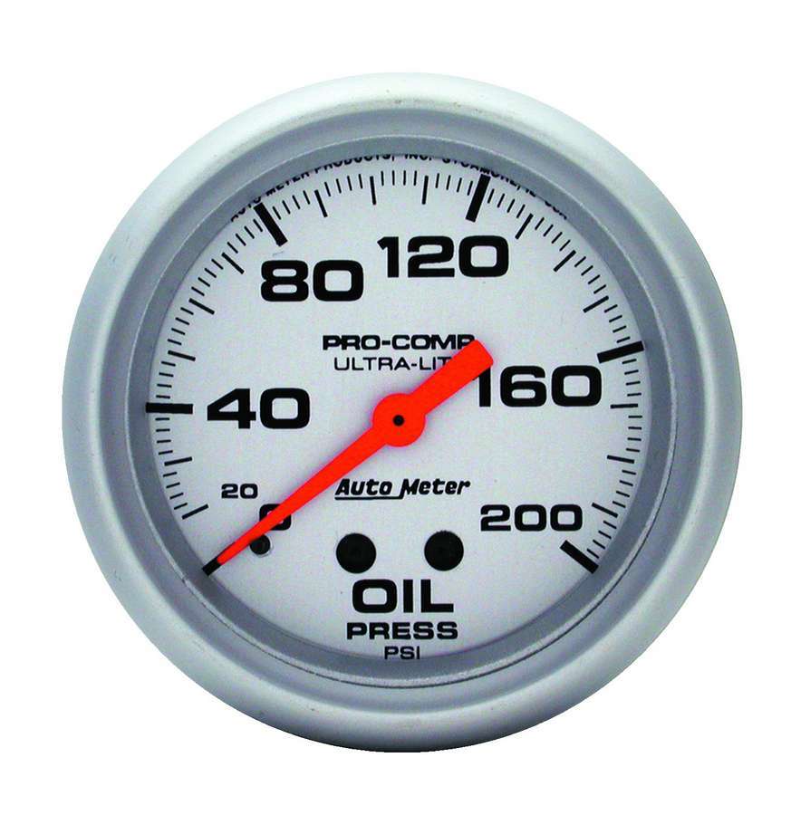 Auto Meter Oil Pressure Gauge, Ultra-Lite, 0-200 psi, Mechanical, Analog, 2-5/8" Diameter, Silver Face, Each
