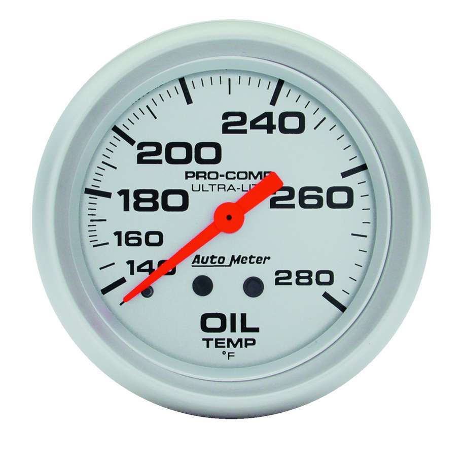 Auto Meter Oil Temperature Gauge, Ultra-Lite, 140-280 Degree F, Mechanical, Analog, 2-5/8" Diameter, Silver Face, Each