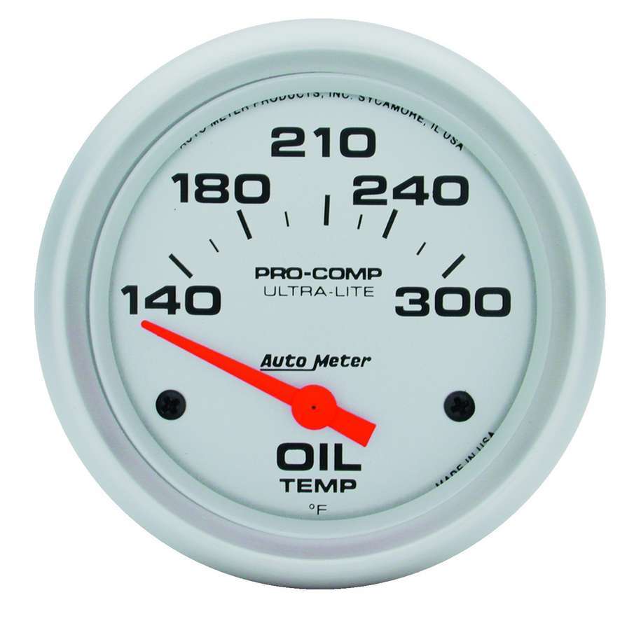 Auto Meter Oil Temperature Gauge, Ultra-Lite, 140-300 Degree F, Electric, Analog, Short Sweep, 2-5/8" Diameter, Silver Face, Eac