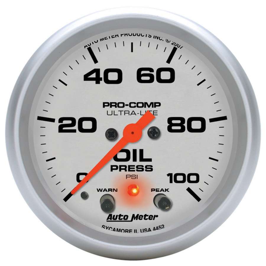 Auto Meter Oil Pressure Gauge, Ultra-Lite, 0-100 psi, Electric, Analog, Full Sweep, 2-5/8" Diameter, Peak and Warn, Silver Face,