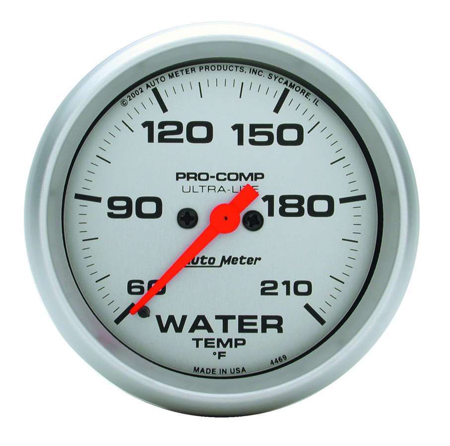Auto Meter Water Temperature Gauge, Ultra-Lite, 60-210 Degree F, Electric, Analog, Full Sweep, 2-5/8" Diameter, Silver Face, Eac