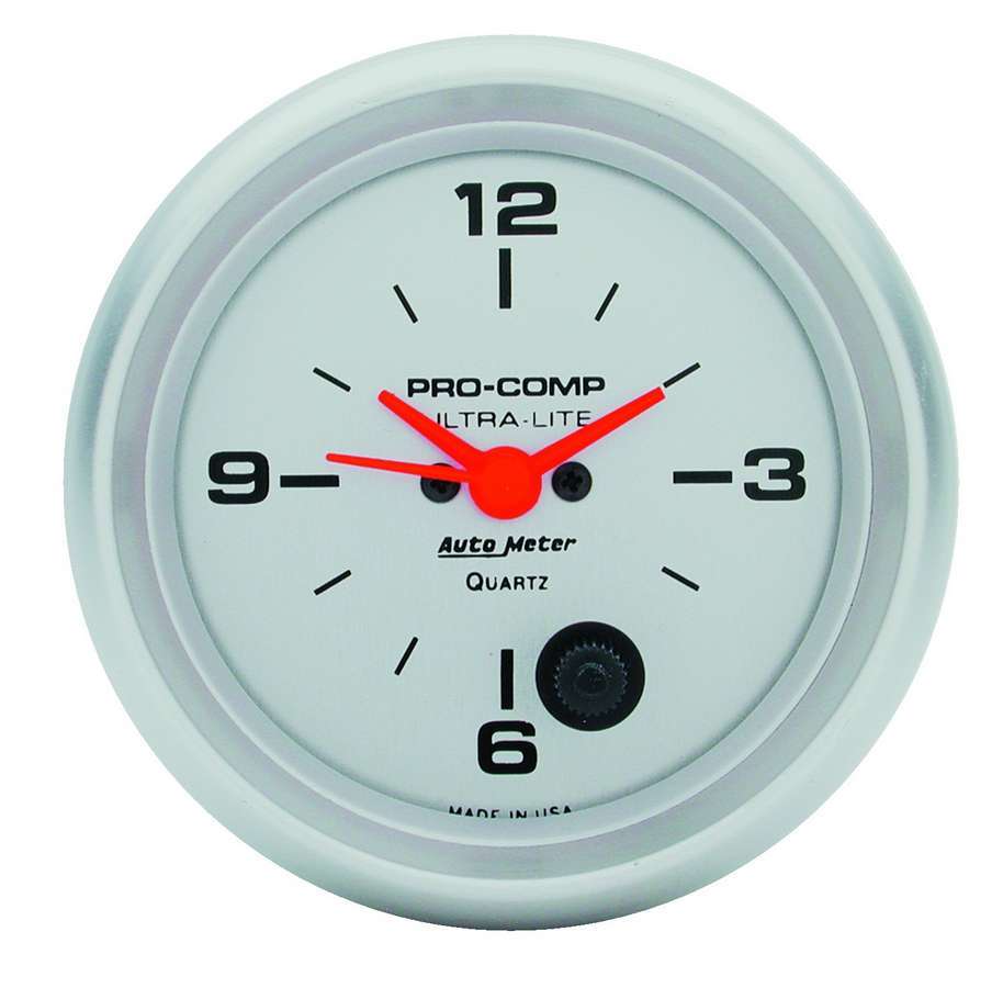 Auto Meter Clock Gauge, Ultra-Lite, Electric, Analog, 2-5/8" Diameter, Silver Face, Each