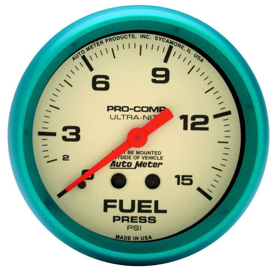 Auto Meter Fuel Pressure Gauge, Ultra-Nite, 0-15 psi, Mechanical, Analog, 2-5/8" Diameter, White Face, Each