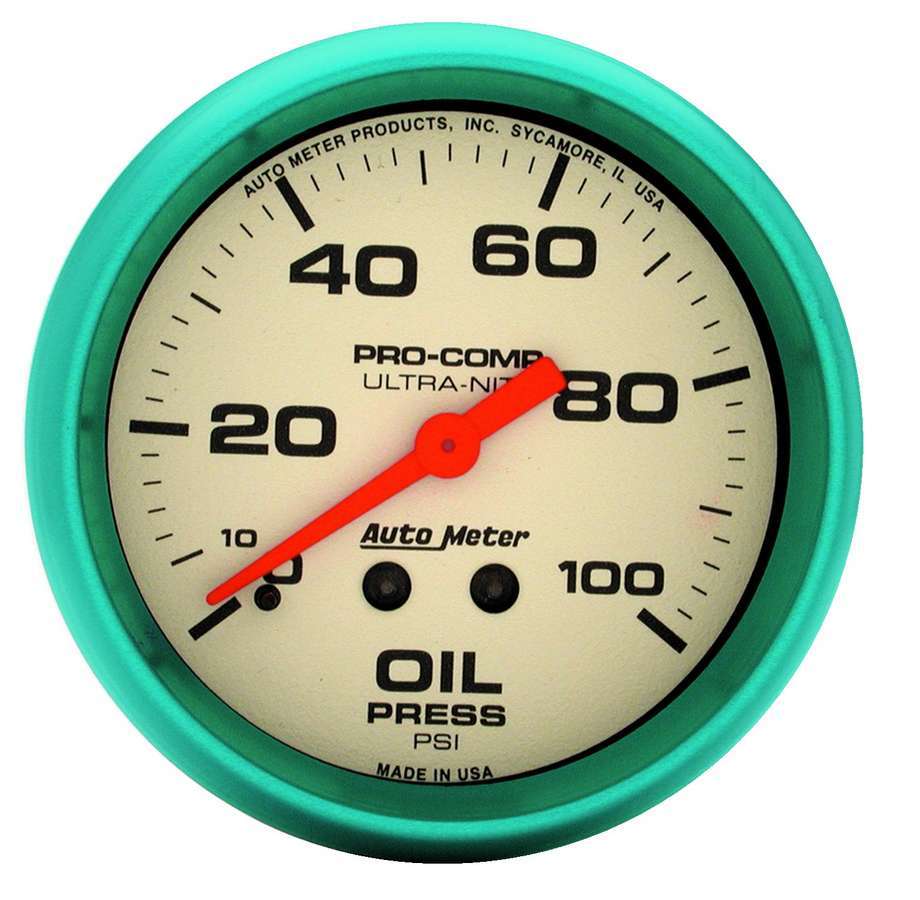 Auto Meter Oil Pressure Gauge, Ultra-Nite, 0-100 psi, Mechanical, Analog, 2-5/8" Diameter, White Face, Each